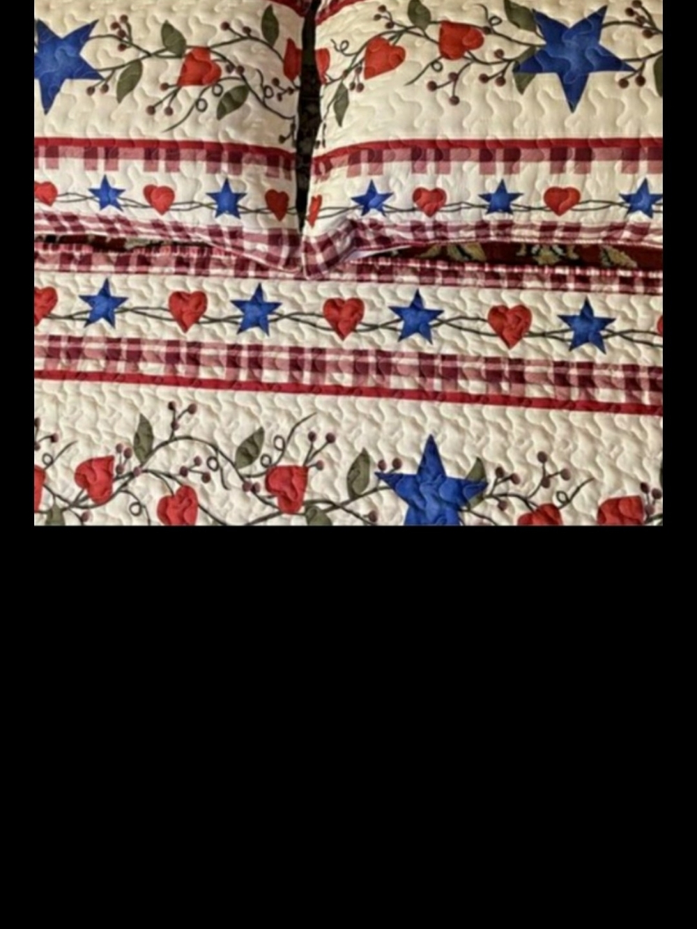 Primitive Country Star & Heart Quilted Bedding - Red, Blue, Cream